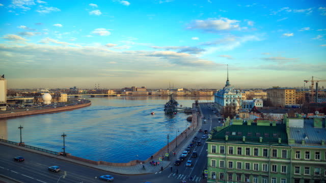 view-of-the-cruiser-Aurora-and-the-Neva-in-St.-Petersburg-in-the-evening-in-the-spring.-Timelapse