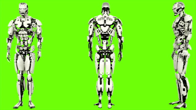 Robot-android-is-entering-code.-Realistic-looped-motion-on-green-screen-background.-4K