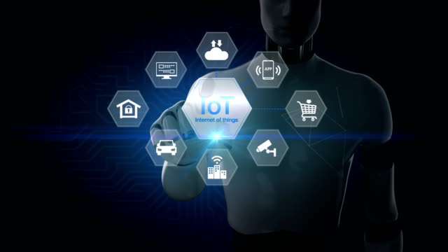Robot-touching-IoT-hexagon-icon,-Home-security,-cctv,-smart-city,-mobile-app,-car,-internet-of-thing.-4K-movie-2.