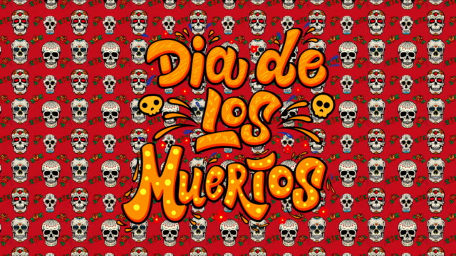 Día-de-los-muertos.-Tarjeta-animada-con-fondo-de-calaveras-de-azúcar-mexicanas