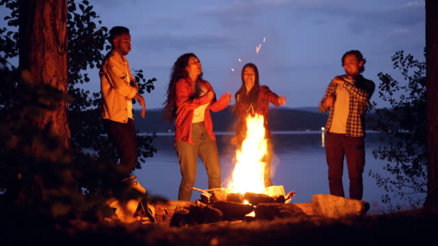 Excited-young-men-and-women-hipsters-are-dancing-around-bright-campfire-having-outdoor-party-in-forest-having-fun.-People,-nature-and-friendship-concept.
