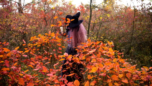 Jóvenes-rosa-pelo-bruja-detrás-del-arbusto-amarillo-en-el-místico-bosque-de-otoño.-Preparación-de-Halloween.