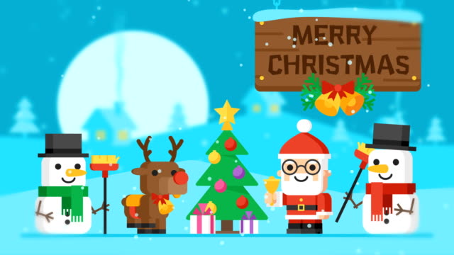 Frohe-Weihnachten-Konzept-Santa-Claus-Rentiere-Schneemänner-und-Weihnachtsbaum-Schleife
