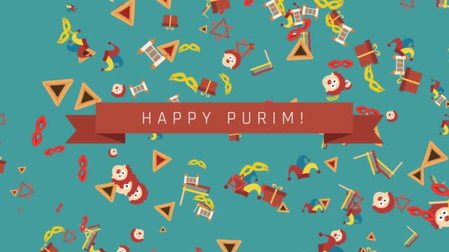 Purim-holiday-flat-design-animation-background-with-traditional-symbols-and-english-text