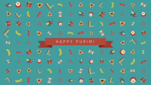 Fondo-de-animación-Purim-fiesta-diseño-plano-con-símbolos-tradicionales-y-texto-en-inglés