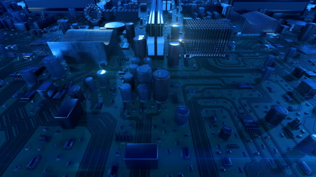 Flying-Over-the-Circuit-Board-Blue-Color.-Looped-3d-Animation-of-Motherboard-with-Flares.-Technology-and-Digital-Concept.