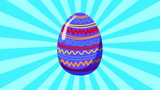 Cartoon-easter-eggs-on-a-blue-and-teal-sunburst-seamless-looping-motion-background