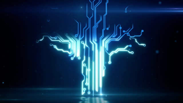Blaue-abstrakte-Platine-elektronische-High-Tech-wachsender-Baum