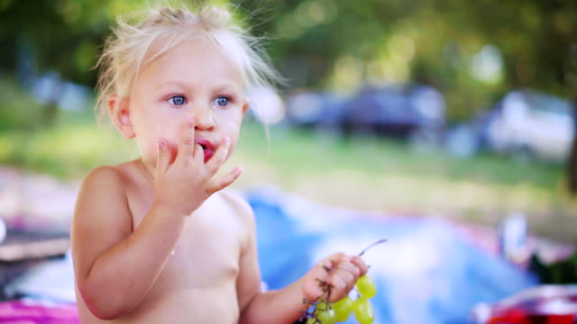 Porträt-von-kleinen-Mädchen-essen-Trauben-im-Freien-im-Park.-Sommerzeit-und-Konzept-der-gesunde-Babynahrung