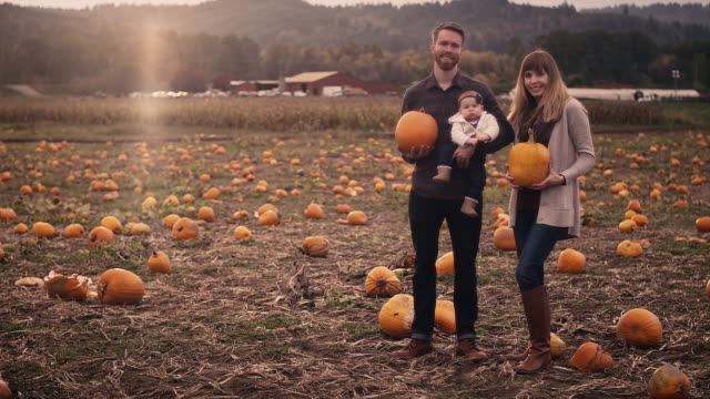 Portrait-of-a-young-family-at-a-pumpkin-patch,-mom-and-dad-holding-pumpkins,-wide-angle-with-lens-flare