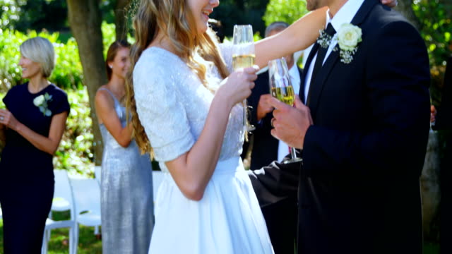 Happy-young-bride-and-groom-toasting-with-champagne-4K-4k