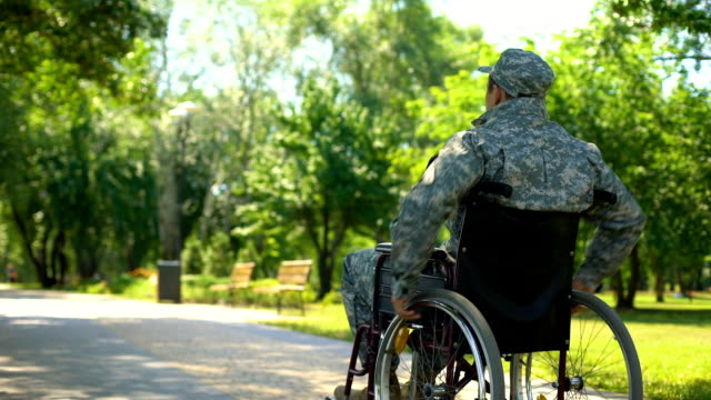 Verletzter-Soldat-im-Rollstuhl-bewegt-im-Park,-militärische-Sozialunterstützung,-pension