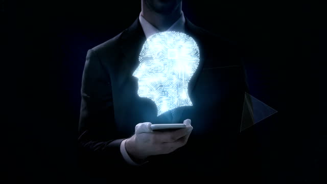 Businessman-click-smart-phone,-CPU-chip-circuit-board-connected-human-head-shape,-4K-movie.grow-artificial-intelligence.