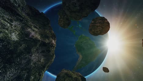 Flying-through-the-asteroid-belt,-overlooking-the-planet-earth,-space,-4K