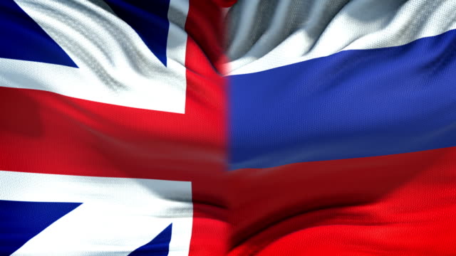 Großbritannien-und-Russland-Fahnen-Hintergrund,-diplomatische-und-wirtschaftliche-Beziehungen
