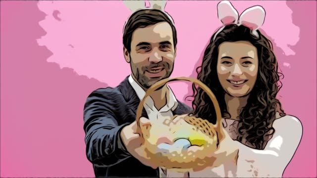 Young-couple-standing-standing-on-pink-background.-With-a-bunny-ears-on-the-head.-During-this-man-and-his-wife-are-looking-into-the-camera.-Picking-up-the-Easter-basket,-look-at-him-and-kiss-his-wife-with-a-soft-smile.-Animation.