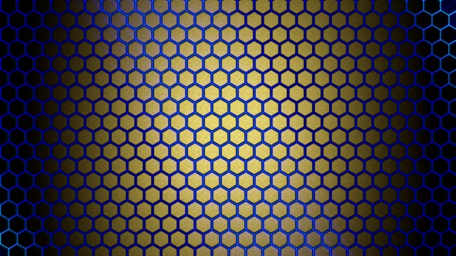 La-textura-de-las-células-hexagonales-brilla-en-amarillo-y-azul.--Textura-de-fondo-UHD-4k