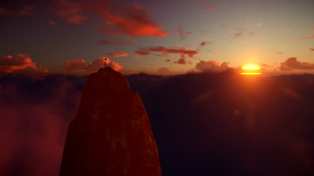 Abandoned-little-girl-holding-balloons-on-top-of-a-mountain-above-clouds-against-beautiful-sunset,-drone-view,-4K