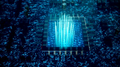 IA-concepto-de-inteligencia-artificial-CPU.-Aprendizaje-automático.-Procesadores-de-ordenadorcentral-en-la-placa-de-circuito-con-pistas-luminosas.-Datos-codificados.-Chip-de-ordenador-sobre-fondo-de-circuito,-animación-3D