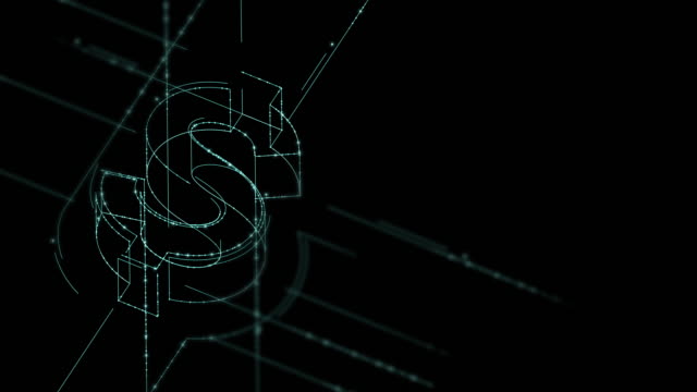Währung-USD-(US-Dollar)-isometrische-Symbol-Partikellinie-Beleuchtung-Rahmen-Struktur-Muster-Wireframe-futuristisch,-Digital-money-Kryptowährung-Konzept-auf-schwarzem-Hintergrund-Animation-4K
