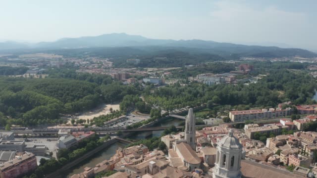 Drone-flight-over-Girona-town-and-old-buildings