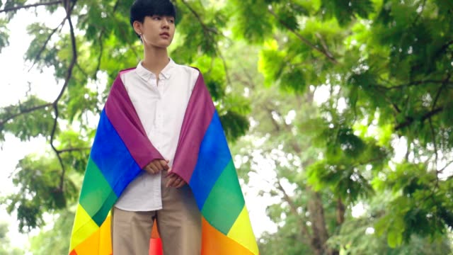 Porträt-von-jungen-asiatischen-Mädchen-bedeckt-mit-Regenbogen-LGBT-Flagge,-Zeitlupe