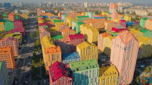 Aerial-view-of-colorful-buildings-on-city-street