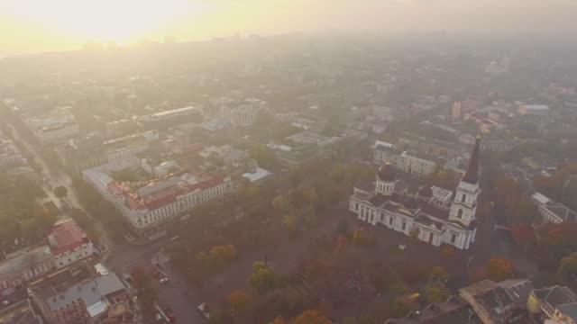 High-angle-aerial-shot-of-Transfiguration-Cathedral-and-Odessa-city-center