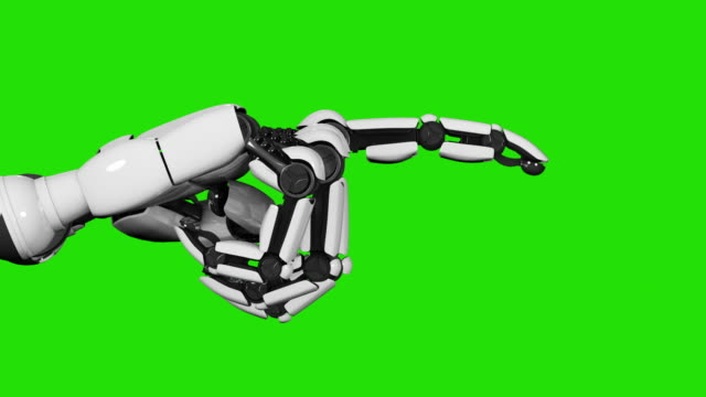 Fiktive-bionische-Roboter-Hand-zeigt-einen-Finger-auf-grünem-Bildschirm