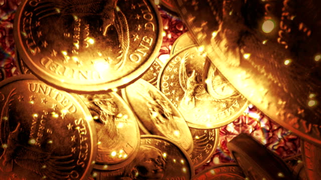 Ein-Dollar-Münzen-Flug-auf-flüssigem-Gold-Hintergrund