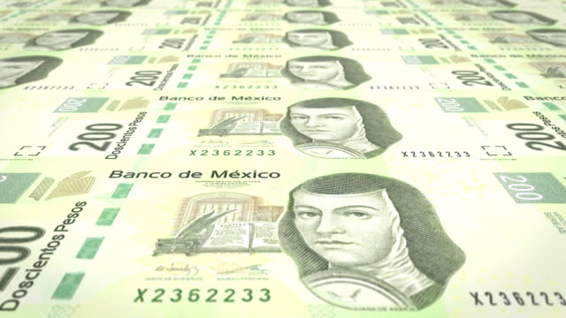 Banknoten-von-zweihundert-Mexikaner-Pesos-Rollen-auf-dem-Bildschirm,-Bargeld,-Schleife
