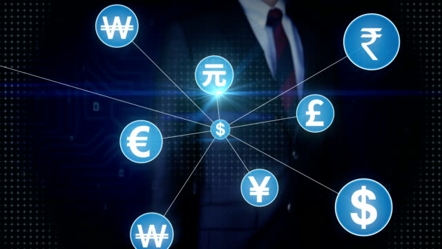 Geschäftsmann-berühren-verschiedene-Währungssymbol,-zahlreiche-Punkte-sammeln-um-ein-Pfund-Währungszeichen,-Punkte-macht-globale-Weltkarte,-Internet-der-Dinge-zu-erstellen.-Finanztechnologie