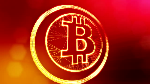 Bitcoin-Logo-im-inneren-Kreise-wie-Münze.-Finanzieller-Hintergrund-aus-Glühen-Teilchen-als-Vitrtual-Hologramm.-Glänzende-Schleife-3D-Animation-mit-Tiefe-Feld,-Bokeh-und-Kopie...-Roten-Hintergrund-v1