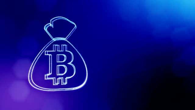 Bitcoin-Logo-auf-der-Tasche.-Finanzkonzept.-Finanzieller-Hintergrund-aus-Glühen-Teilchen-als-Vitrtual-Hologramm.-Glänzende-nahtlose-3D-Animation-mit-Tiefe-von-Feld,-Bokeh-und-Kopie-Raum.-Blauer-Hintergrund-1