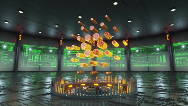 Cardano-Krypto-Währung-Symbol-umgeben-von-Datenbilder-erscheint-in-der-Mitte-Hi-Tech-Zimmer