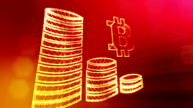 Sign-of-bitcoin-and-stacks-of-coins.-Financial-background-made-of-glow-particles-as-vitrtual-hologram.-Shiny-3D-loop-animation-with-depth-of-field,-bokeh-and-copy-space.-Red-color-v2