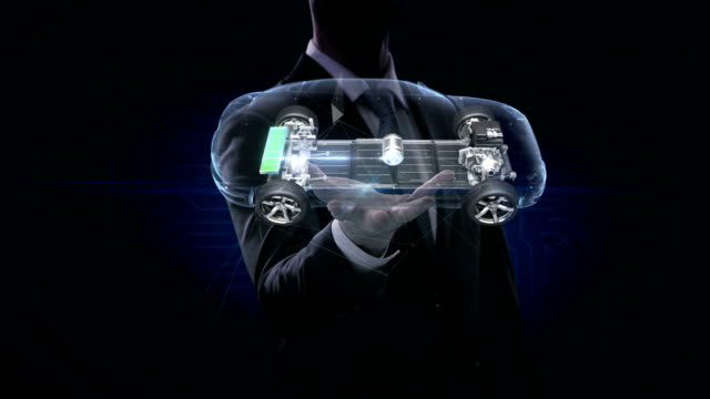 Businessman-opens-palm,-Electronic,--ion-battery-echo-car.-Charging-car-battery.-Battery-level-check,-future-car.-side-view.-4k-movie.