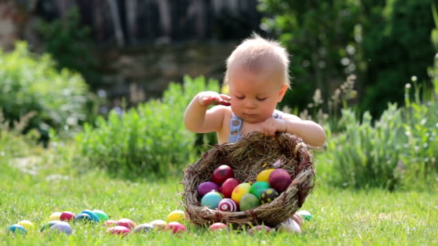 Niño-lindo,-jugando-con-little-bunny-y-Pascua-huevos-en-una-primavera-floreciente-jardín.-Niño-juega-con-el-conejo,-caza-para-vacaciones-del-huevo
