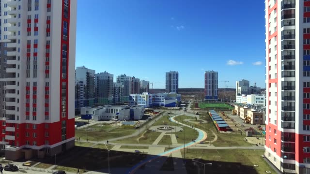 Urban-development.-Footage.-Residential-area-Academic,-new-buildings.-Ekaterinburg,-Russia.-Shooting-from-the-air-by-a-flying-camera