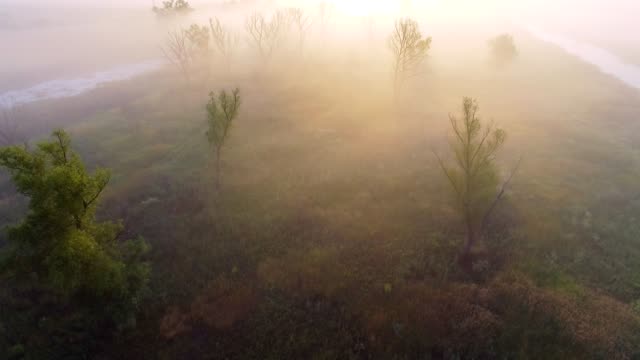 Aerial-footage-video-of-foggy-morning.-Flying-over-the-Desna-river.-Sunrise-time.-Kyiv-region,-Ukraine.