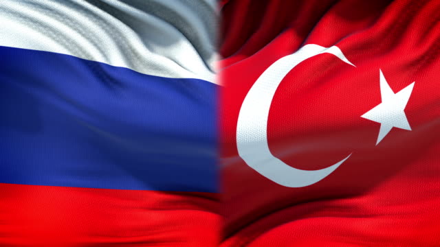 Fondo-banderas-de-Rusia-y-Turquía,-las-relaciones-económicas-y-diplomáticas,-negocios