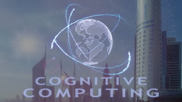 Cognitive-computing-Text-mit-3d-Hologramm-des-Planeten-Erde-vor-dem-Hintergrund-der-modernen-Metropole