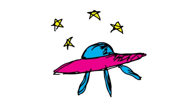 Kinder-Zeichnung-weißer-Hintergrund-mit-UFO-Thema
