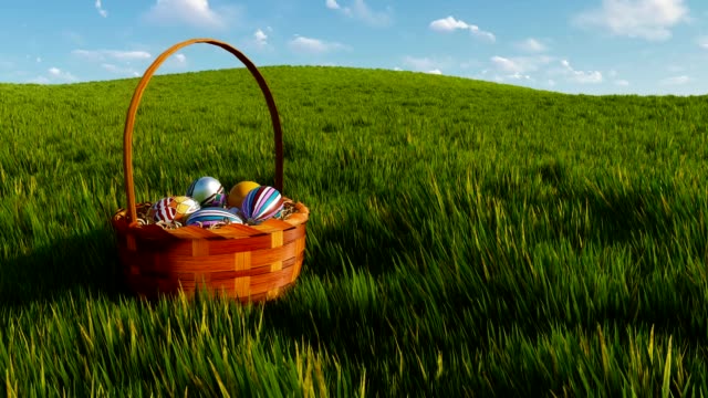 Wicker-basket-with-dyed-easter-eggs-among-grass-Close-up