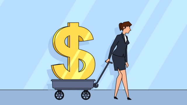 Flache-Zeichentrickfigur-Geschäftsfrau-zieht-Wagen-mit-Dollar-Zeichen-Geldkonzept-Animation-mit-Alpha-matt