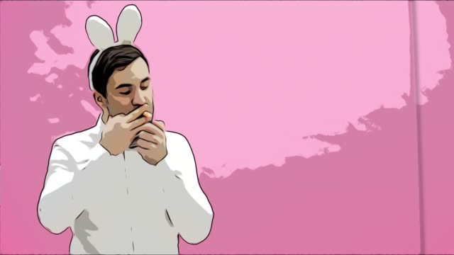 Beautiful-boy-standing-on-a-pink-background.-During-this-dressed-in-a-white-shirt.-Holding-a-carrot-wants-to-burn-it-like-a-cigar.-After-a-while,-he-throws-carrots-to-the-ground.-Dressed-in-white-rabbit-ears.-Easter.-Animation.