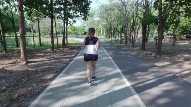 Asian-women-jogging-in-the-street-in-the-early-morning-sunlight-in-garden.-concept-of-losing-weight-with-exercise-for-health.-Rear-View