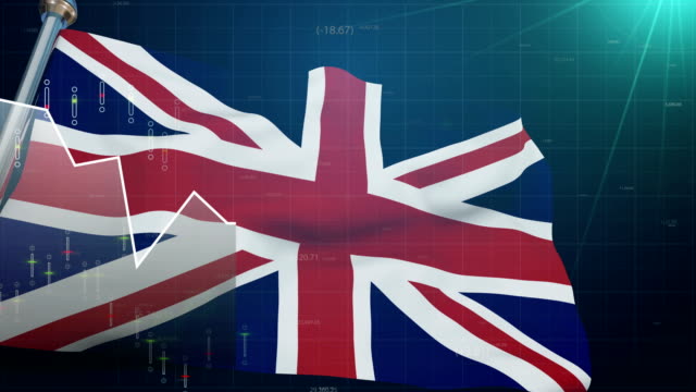 UK-flag-on-stock-market-background,-trade-finances-London,-euro-pound-currency