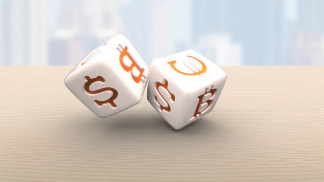 Two-rolling-dices-with-USD,-Euro-and-bitcoin-symbols