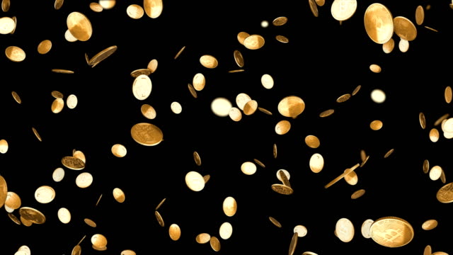 virtuelle-Gold-Bitcoins-Symbol-Krypto-digitale-Währung-Explosion-von-oben-wie-Regen-auf-schwarzem-Gradienten-Hintergrund,-neue-Geschäftsfinanzrisiko-Konzept